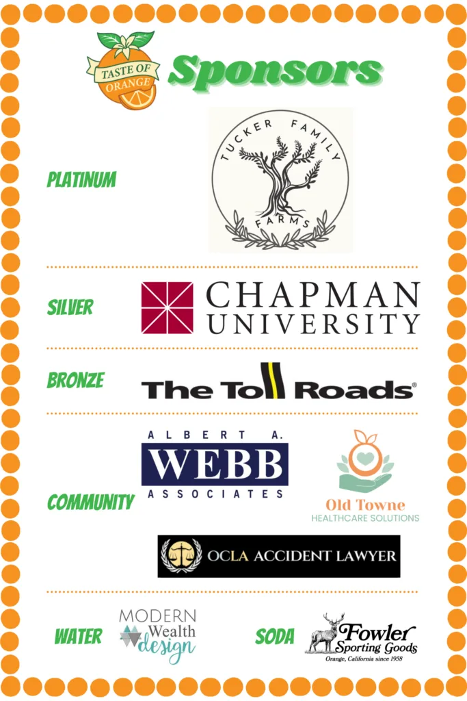 Taste of Orange 2026 sponsor board thanking the businesses that support Orange Blossoms